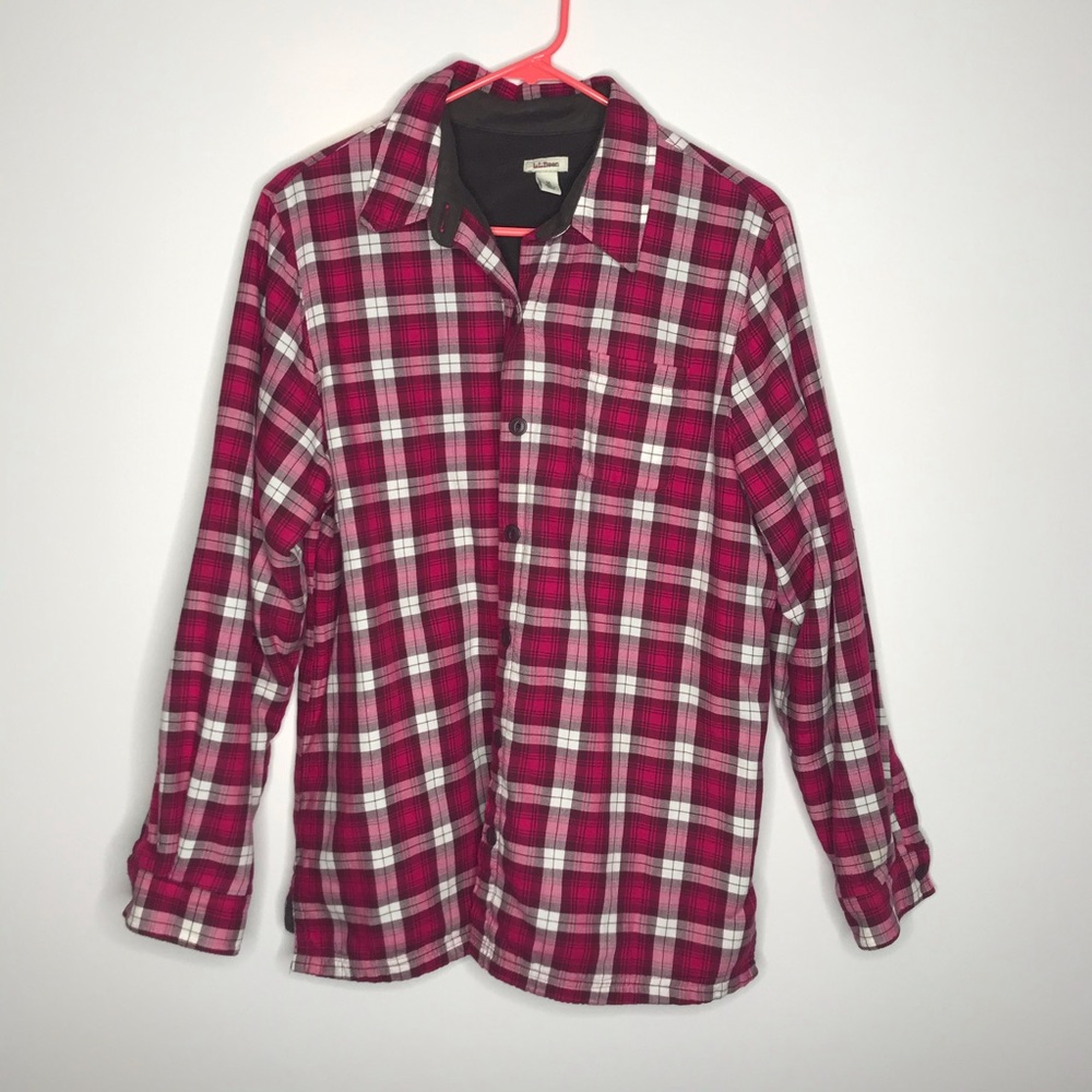 LL Bean pink plaid fleece lined button down top Md